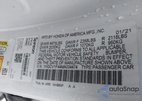 2021 Honda Accord Sport Special Edition из США, поврежденный, VIN 1HGCV1F44MA034474